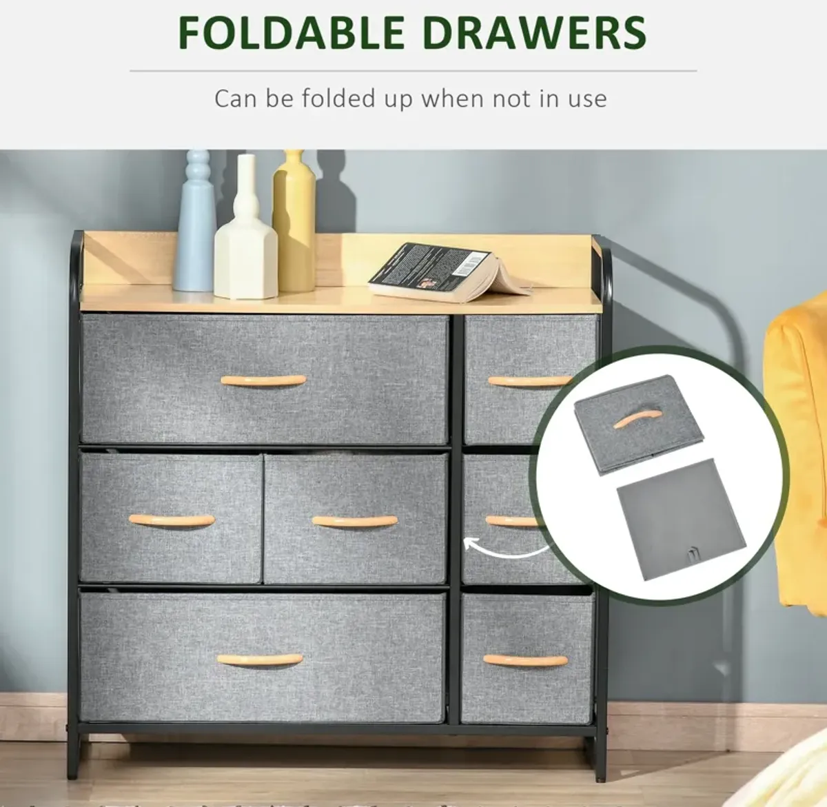 Light Gray Entryway Storage: 7-Drawer Fabric Chest with Steel Frame