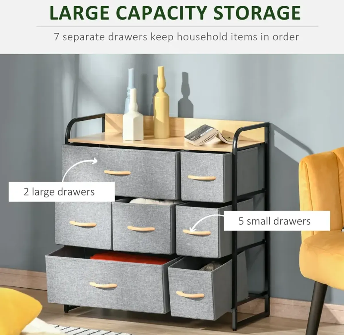 Light Gray Entryway Storage: 7-Drawer Fabric Chest with Steel Frame