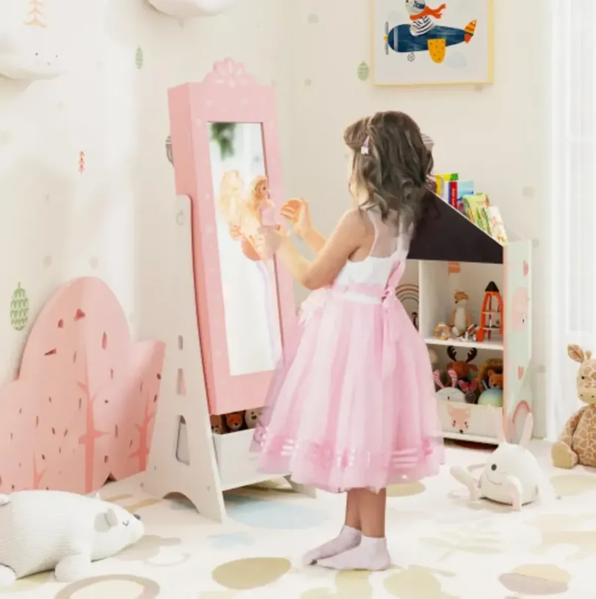 Kids Jewelry Cabinet with Full-Length Mirror and Foldable Drawer