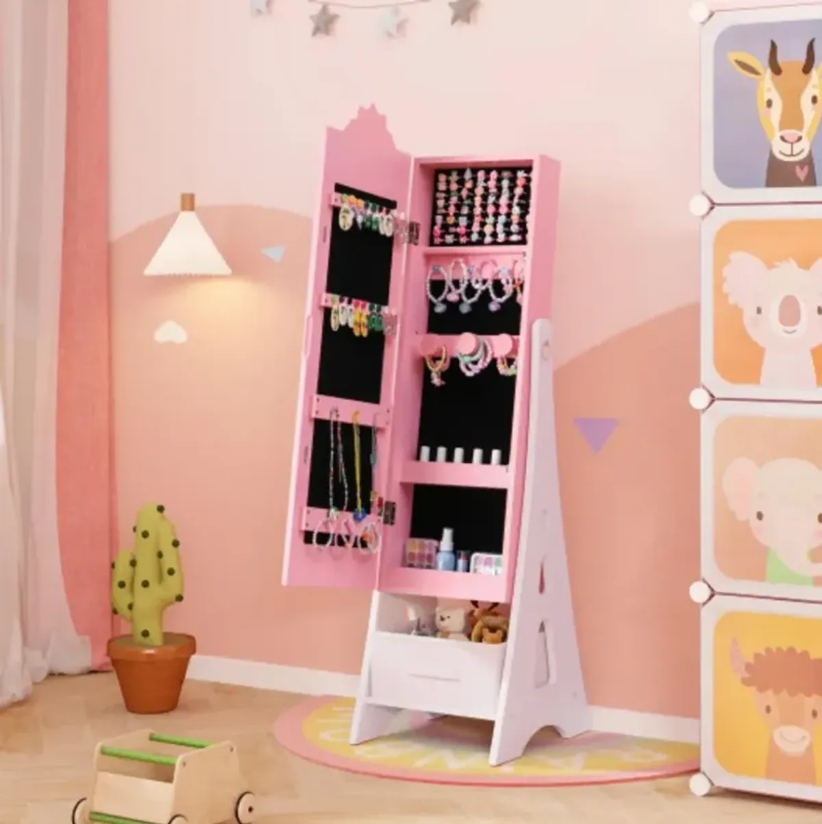 Kids Jewelry Cabinet with Full-Length Mirror and Foldable Drawer