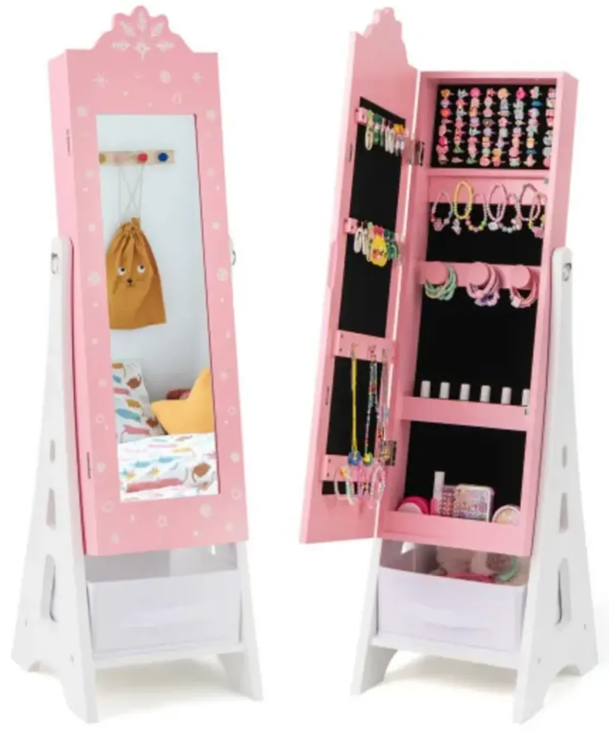 Kids Jewelry Cabinet with Full-Length Mirror and Foldable Drawer