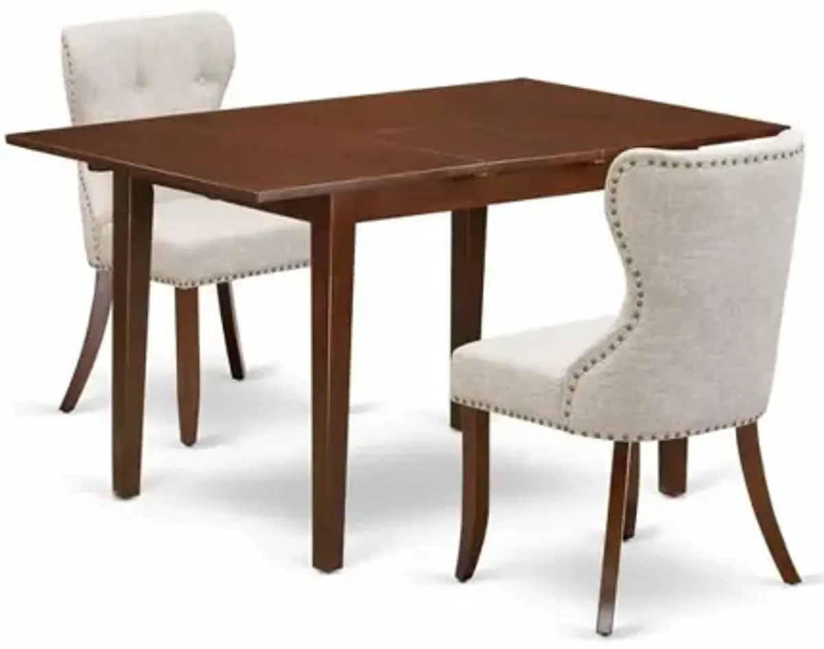 East-West Furniture PSSI3-MAH-35 - A dinette set of 2 fantastic parson chairs using Linen Fabric Doeskin color and an attractive 12" butterfly leaf rectangle kitchen table in Mahogany Finish