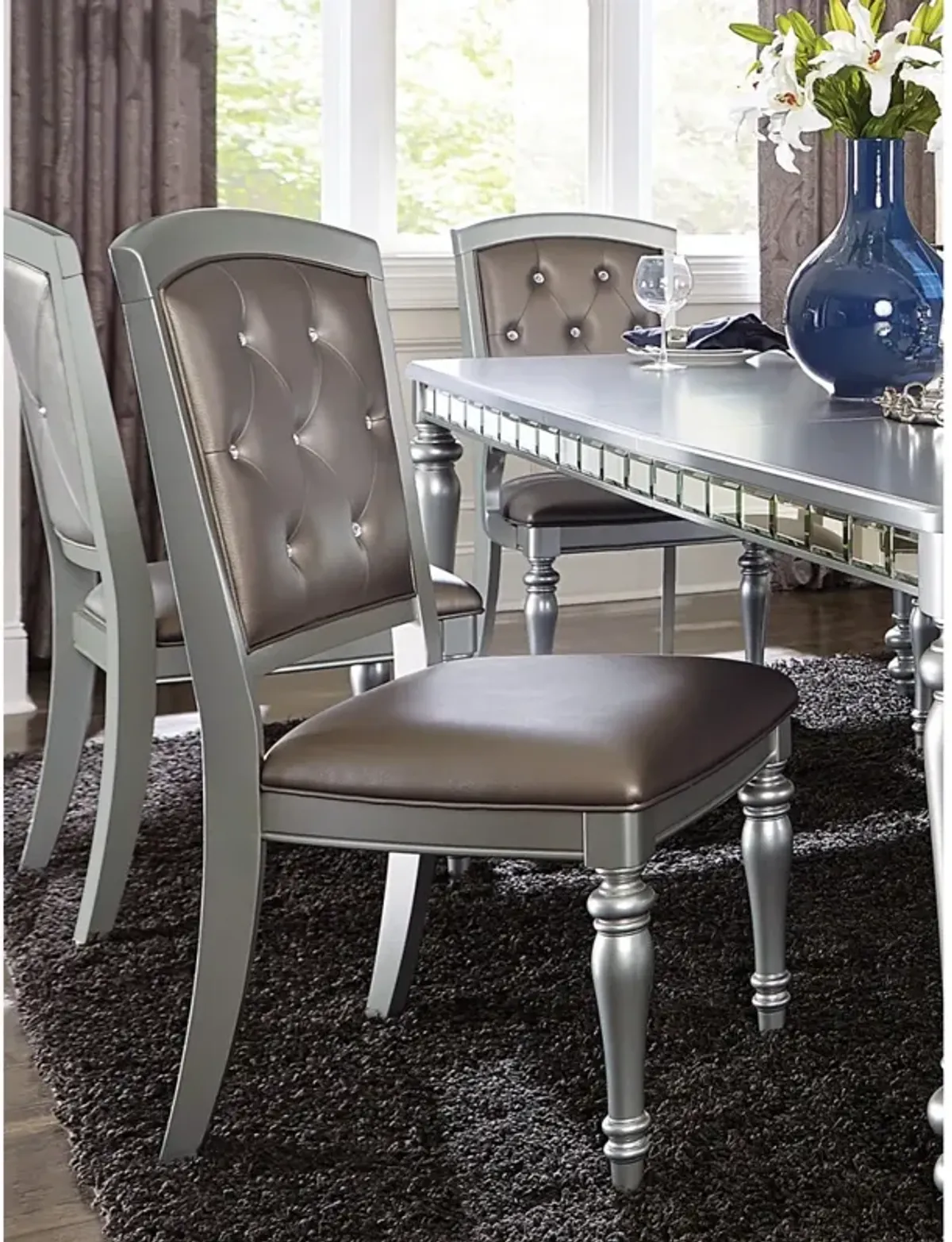 Silver Finish Crystal Tufted Upholstered Dining Chairs