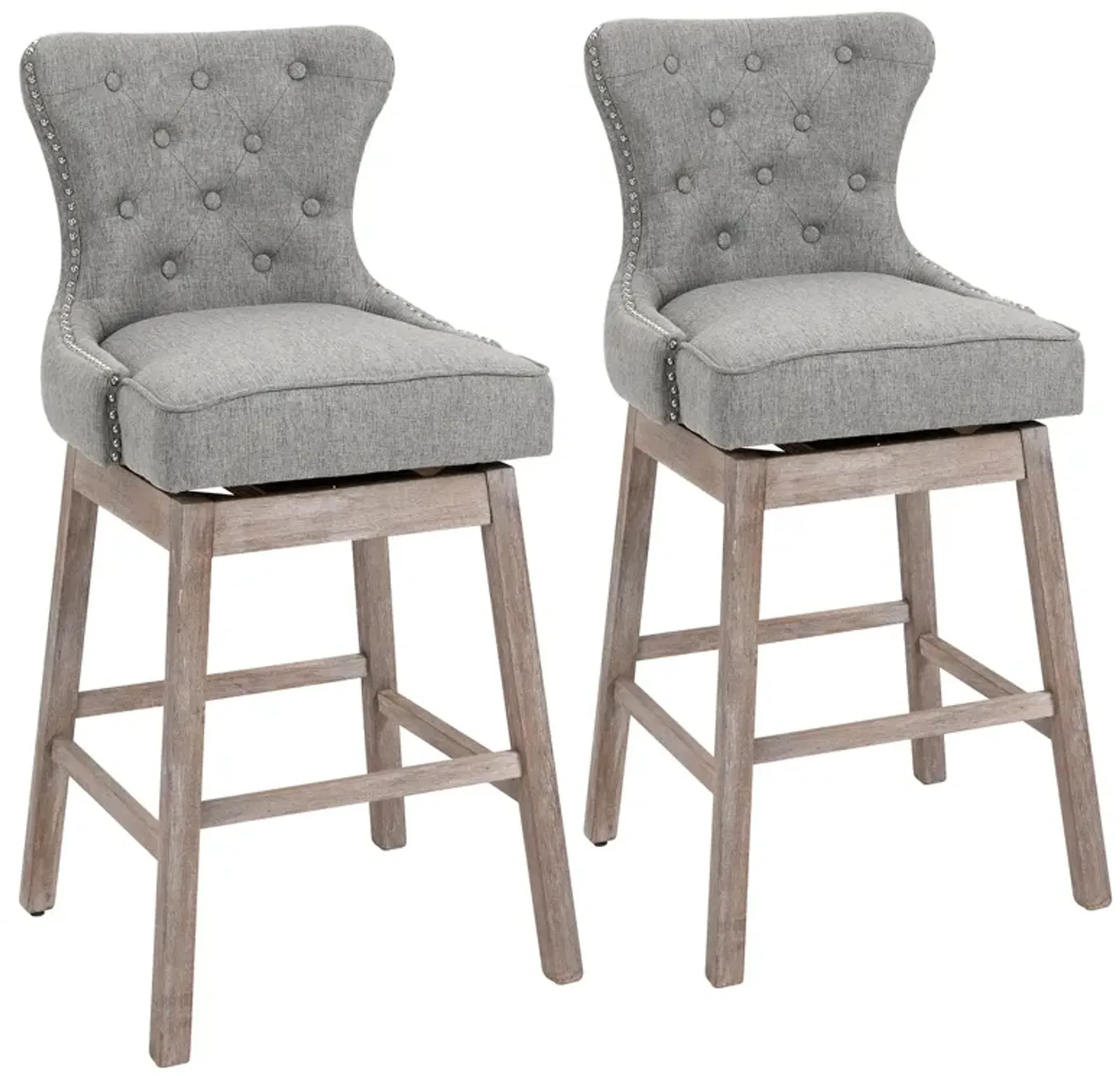 Gray Bar Duo: Set of 2 Swivel Stools with Weathered Base & Footrest