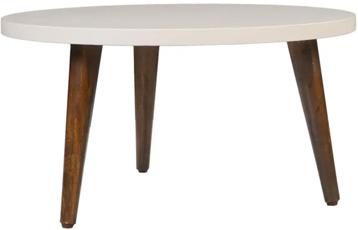 24 Inch Modern Coffee Table, Round Off White MDF Top, Tapered Brown Mango Wood Legs-Benzara