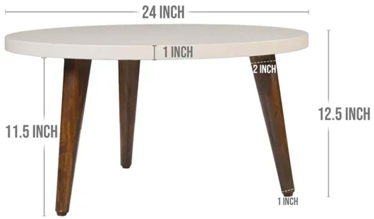 24 Inch Modern Coffee Table, Round Off White MDF Top, Tapered Brown Mango Wood Legs-Benzara