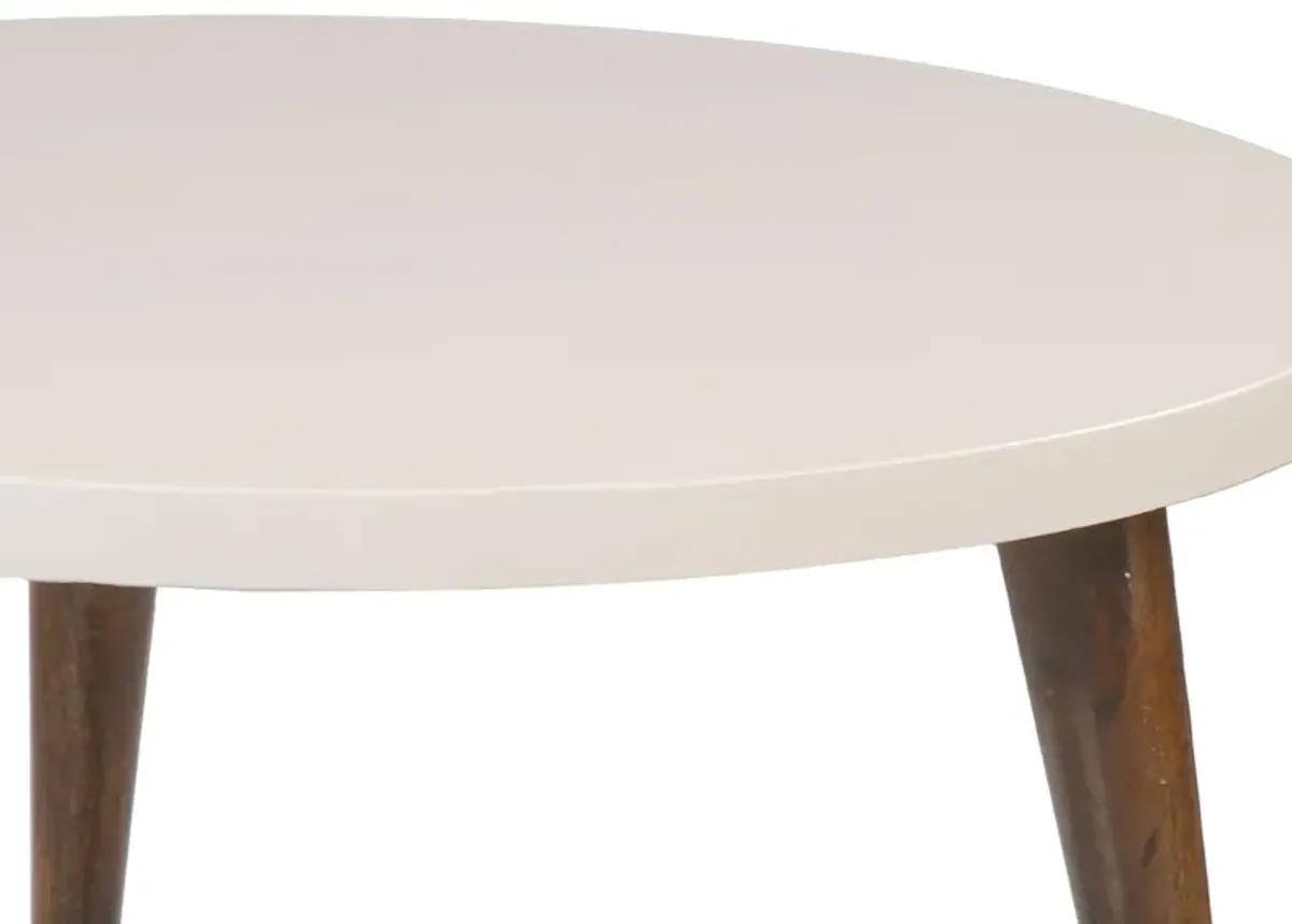 24 Inch Modern Coffee Table, Round Off White MDF Top, Tapered Brown Mango Wood Legs-Benzara