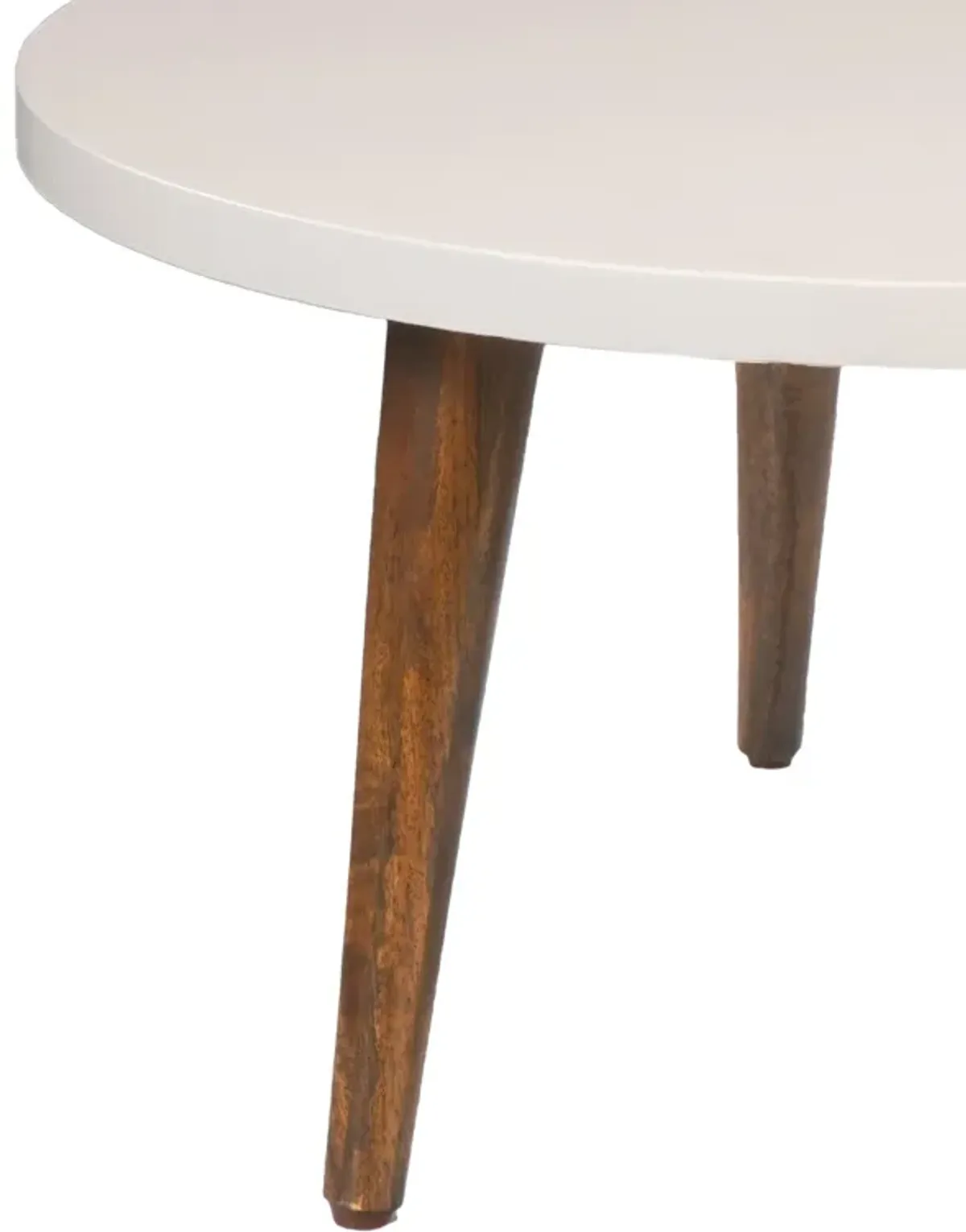 24 Inch Modern Coffee Table, Round Off White MDF Top, Tapered Brown Mango Wood Legs-Benzara