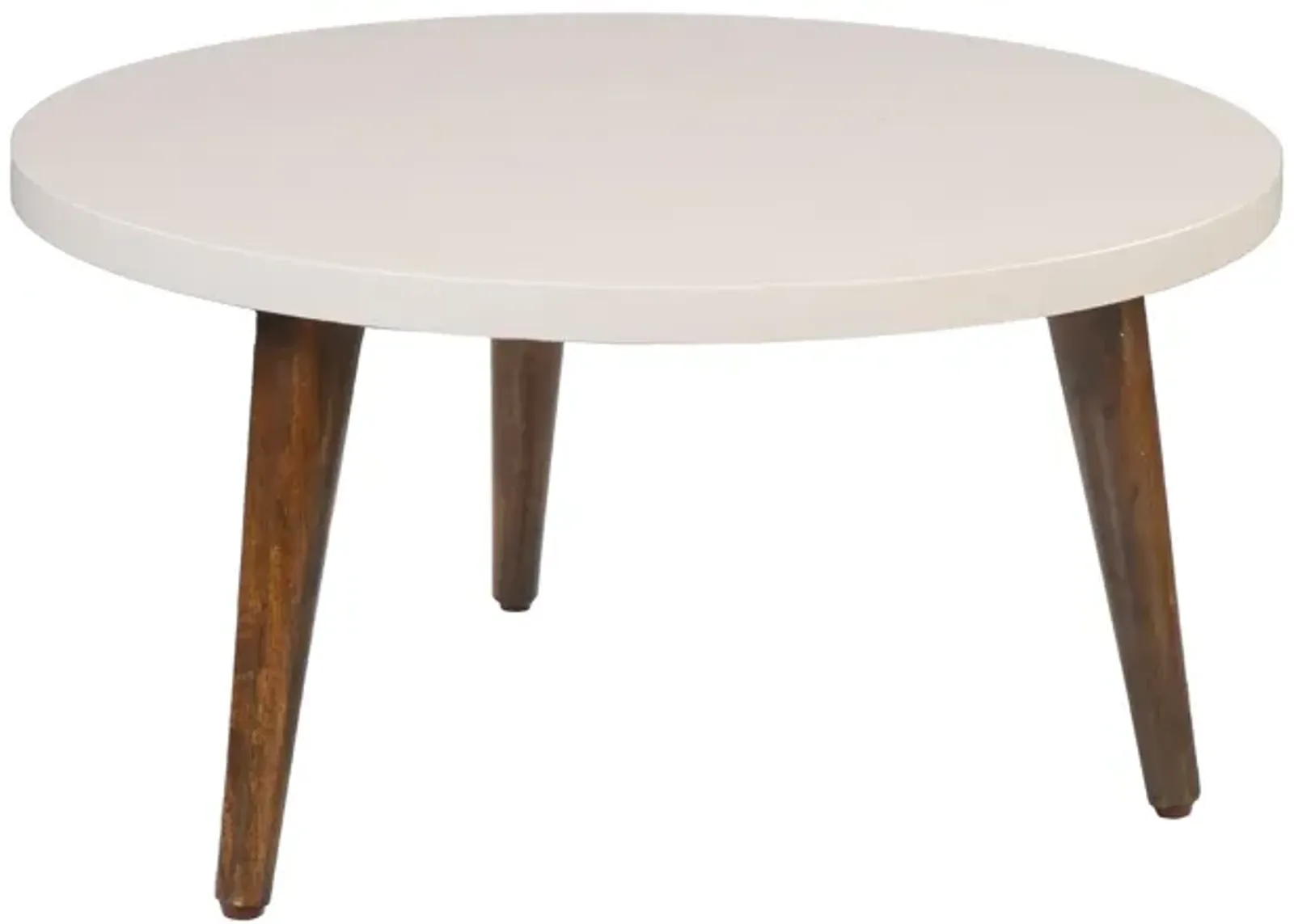 24 Inch Modern Coffee Table, Round Off White MDF Top, Tapered Brown Mango Wood Legs-Benzara