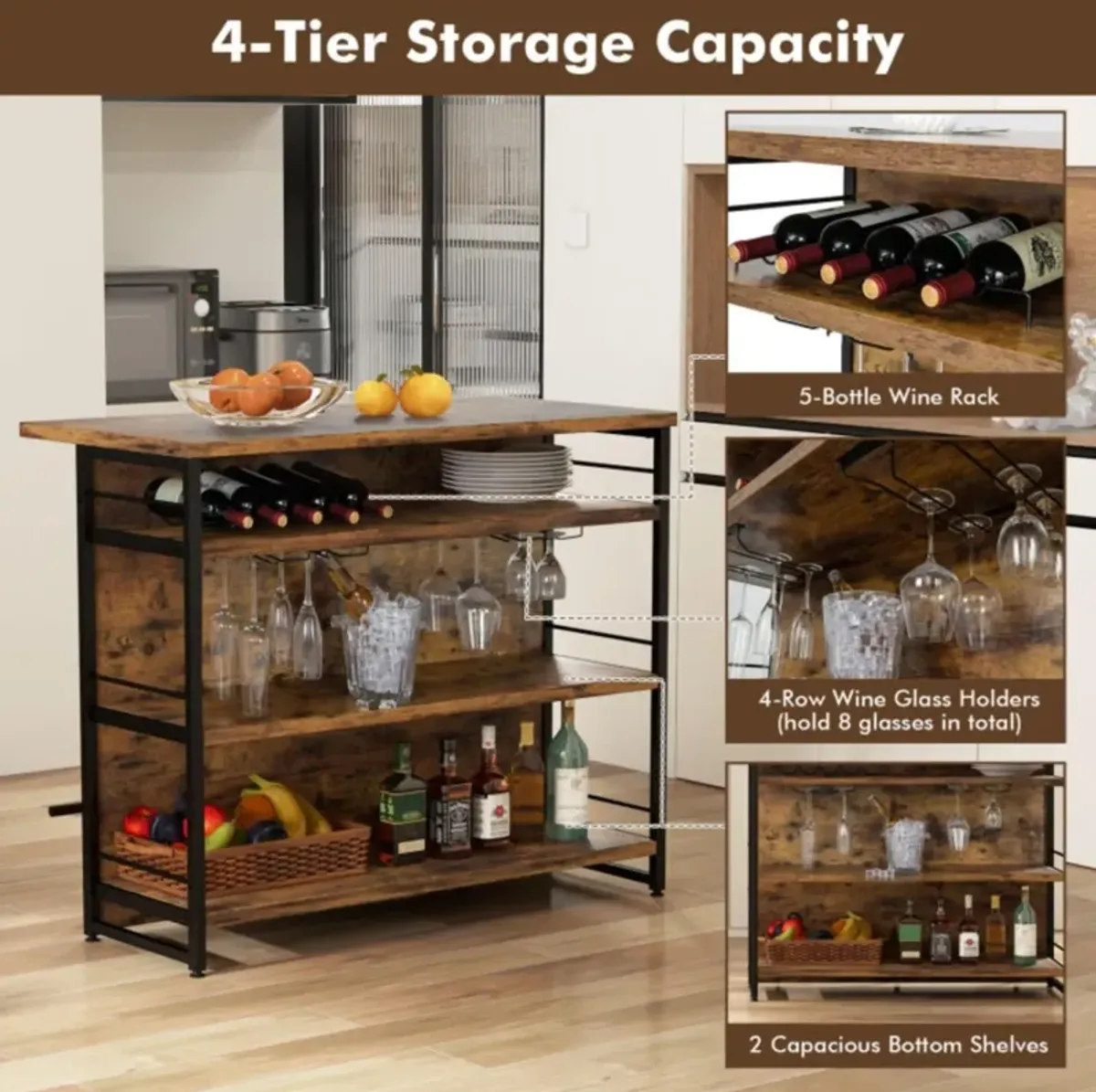 Hivvago Kitchen Island with 4-Tier Storage Shelf and Long Footrest for Home-Rustic Brown