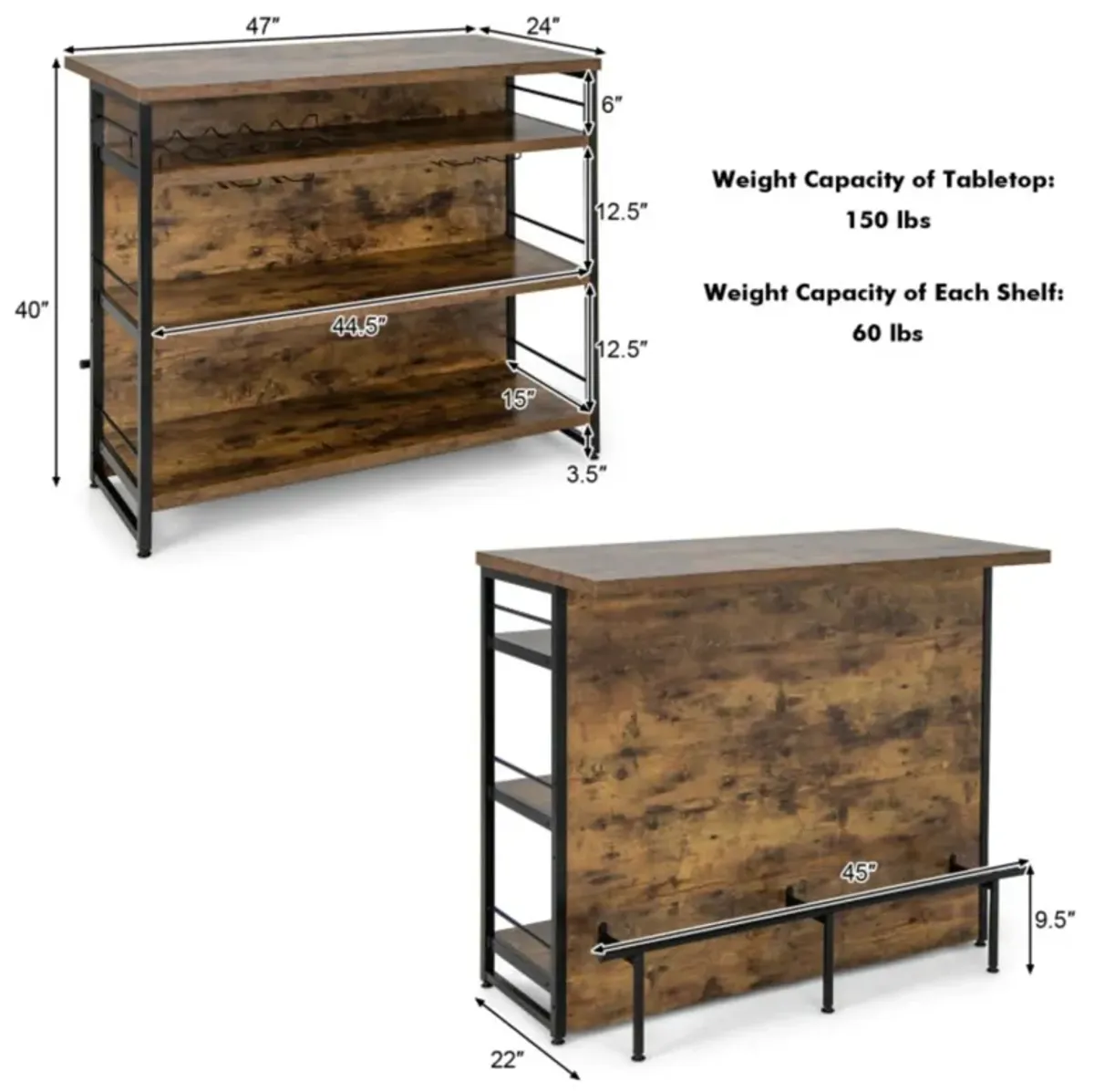 Hivvago Kitchen Island with 4-Tier Storage Shelf and Long Footrest for Home-Rustic Brown