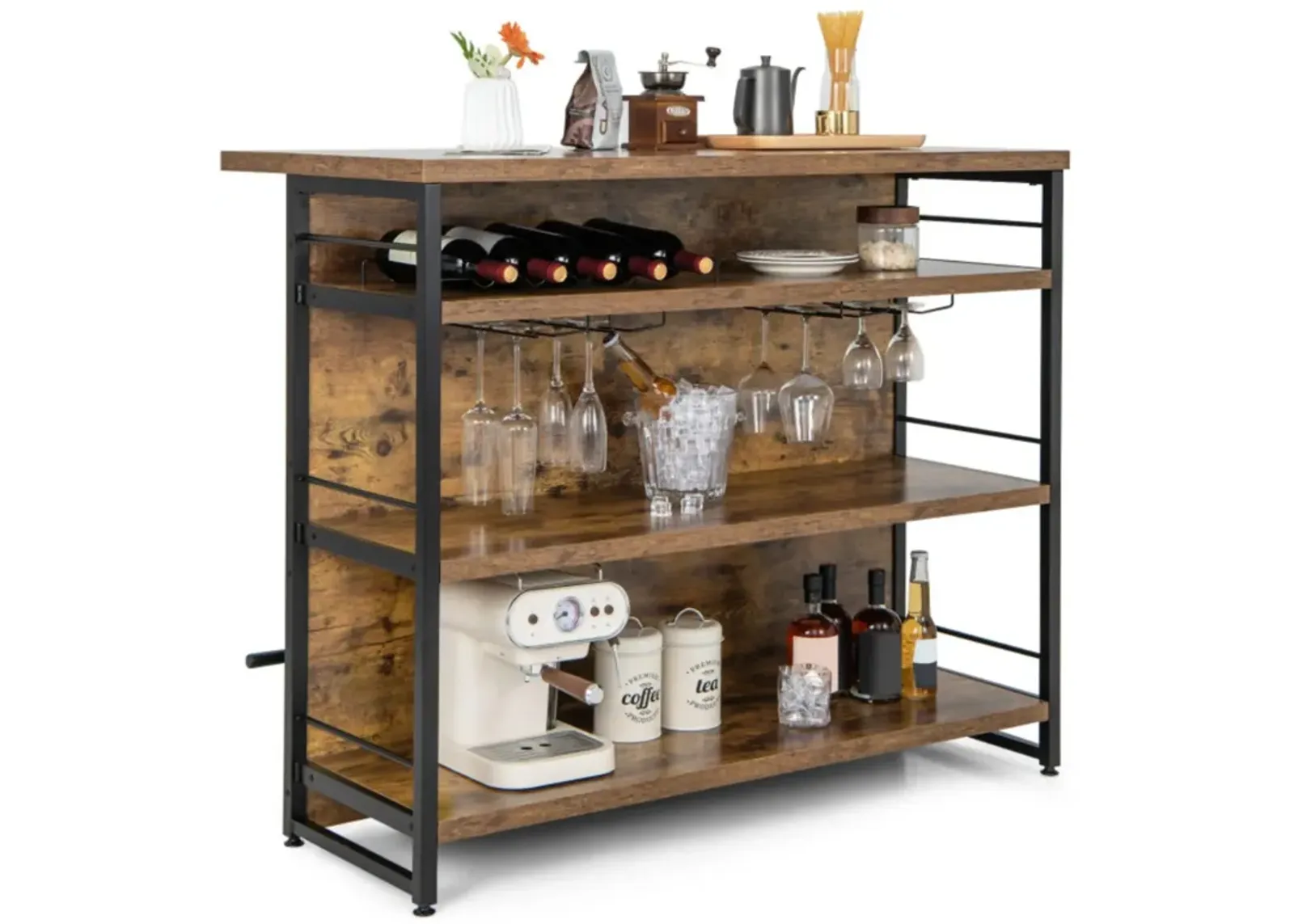 Hivvago Kitchen Island with 4-Tier Storage Shelf and Long Footrest for Home-Rustic Brown