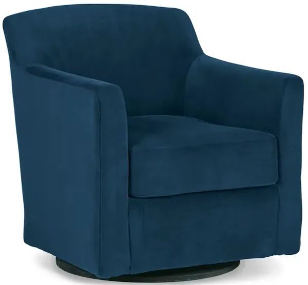 Leena Swivel Accent Chair, Blue Velvet, Shelter Style Arms, Black Wood - Benzara