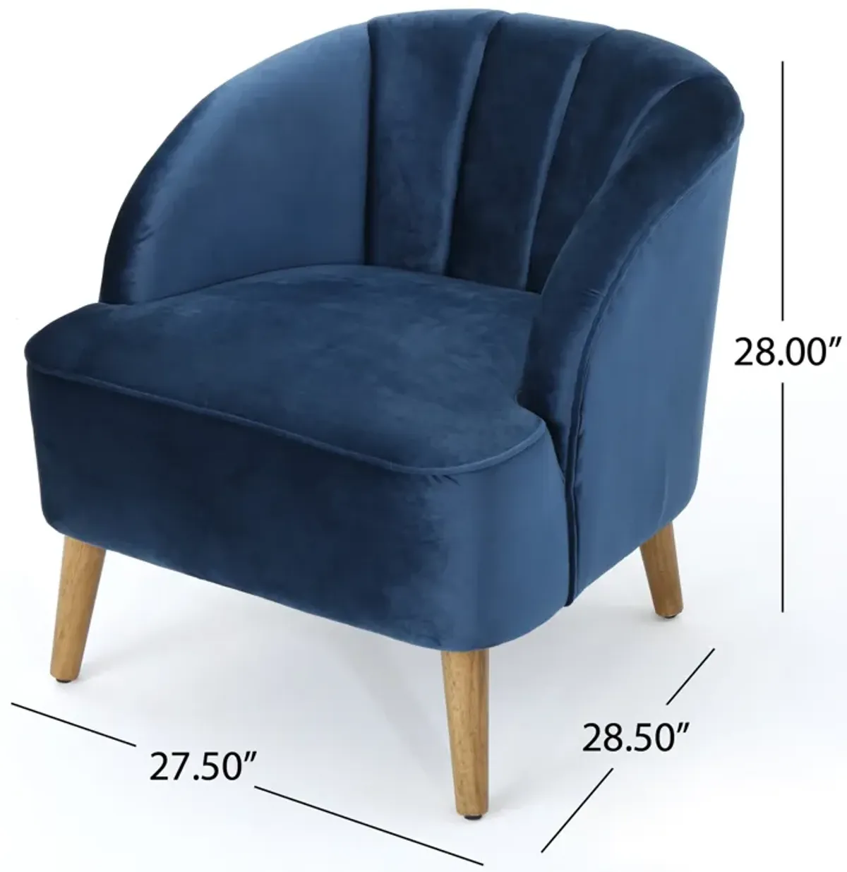 Shale Accent Chair, Navy Blue Velvet, Curved Backrest, Brown Wood Legs - Benzara