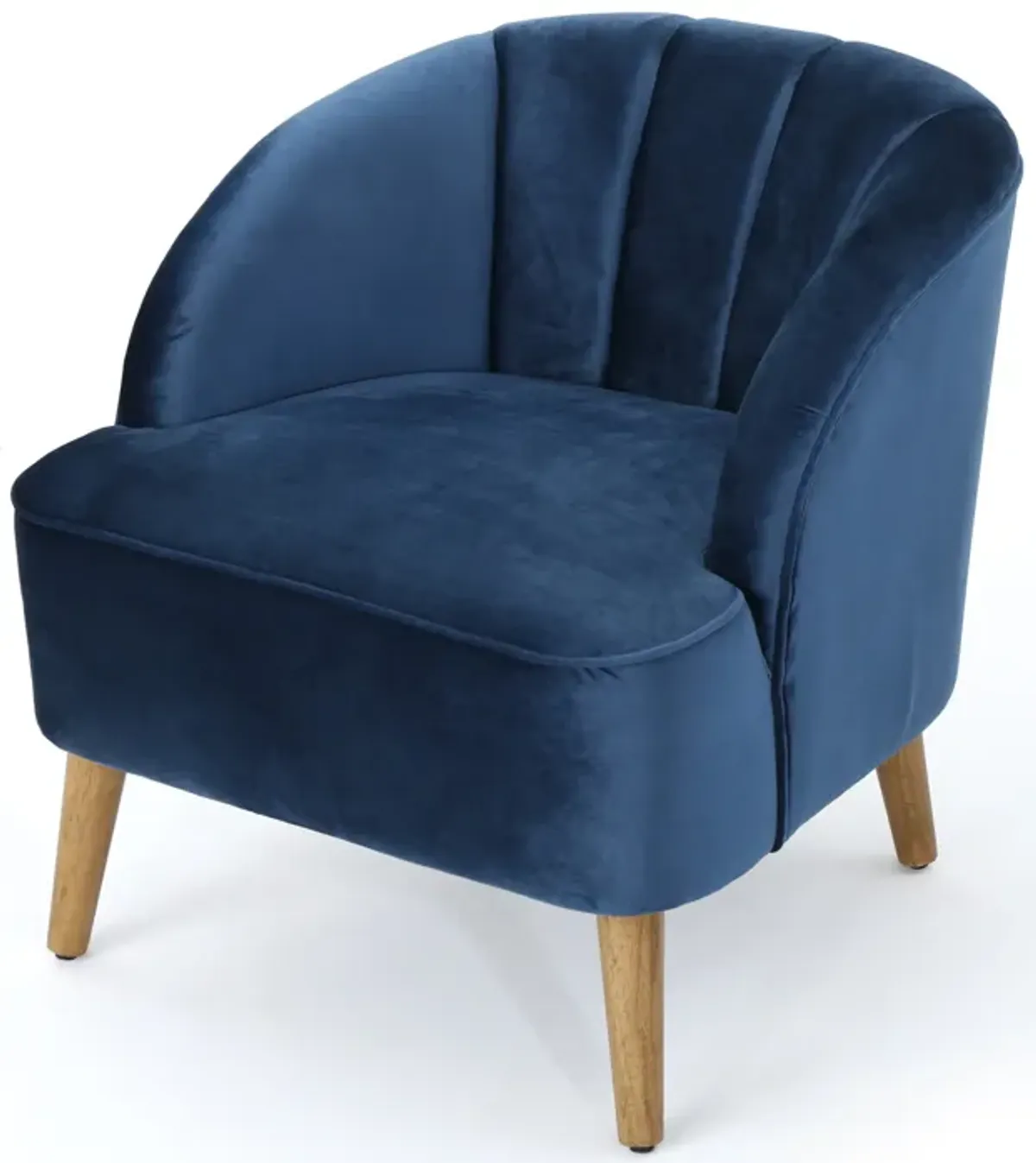 Shale Accent Chair, Navy Blue Velvet, Curved Backrest, Brown Wood Legs - Benzara