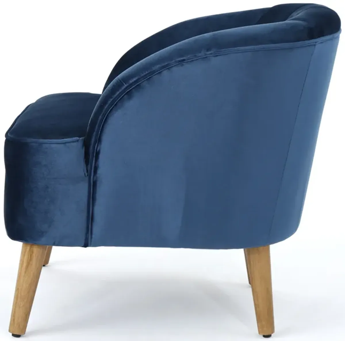 Shale Accent Chair, Navy Blue Velvet, Curved Backrest, Brown Wood Legs - Benzara