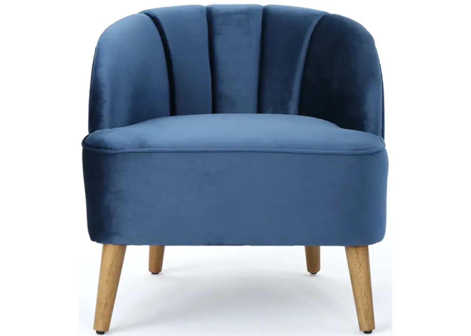 Shale Accent Chair, Navy Blue Velvet, Curved Backrest, Brown Wood Legs - Benzara