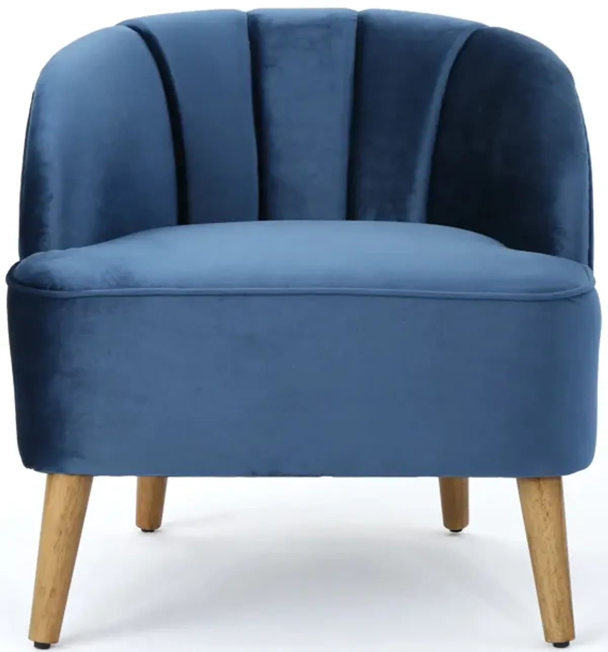 Shale Accent Chair, Navy Blue Velvet, Curved Backrest, Brown Wood Legs - Benzara