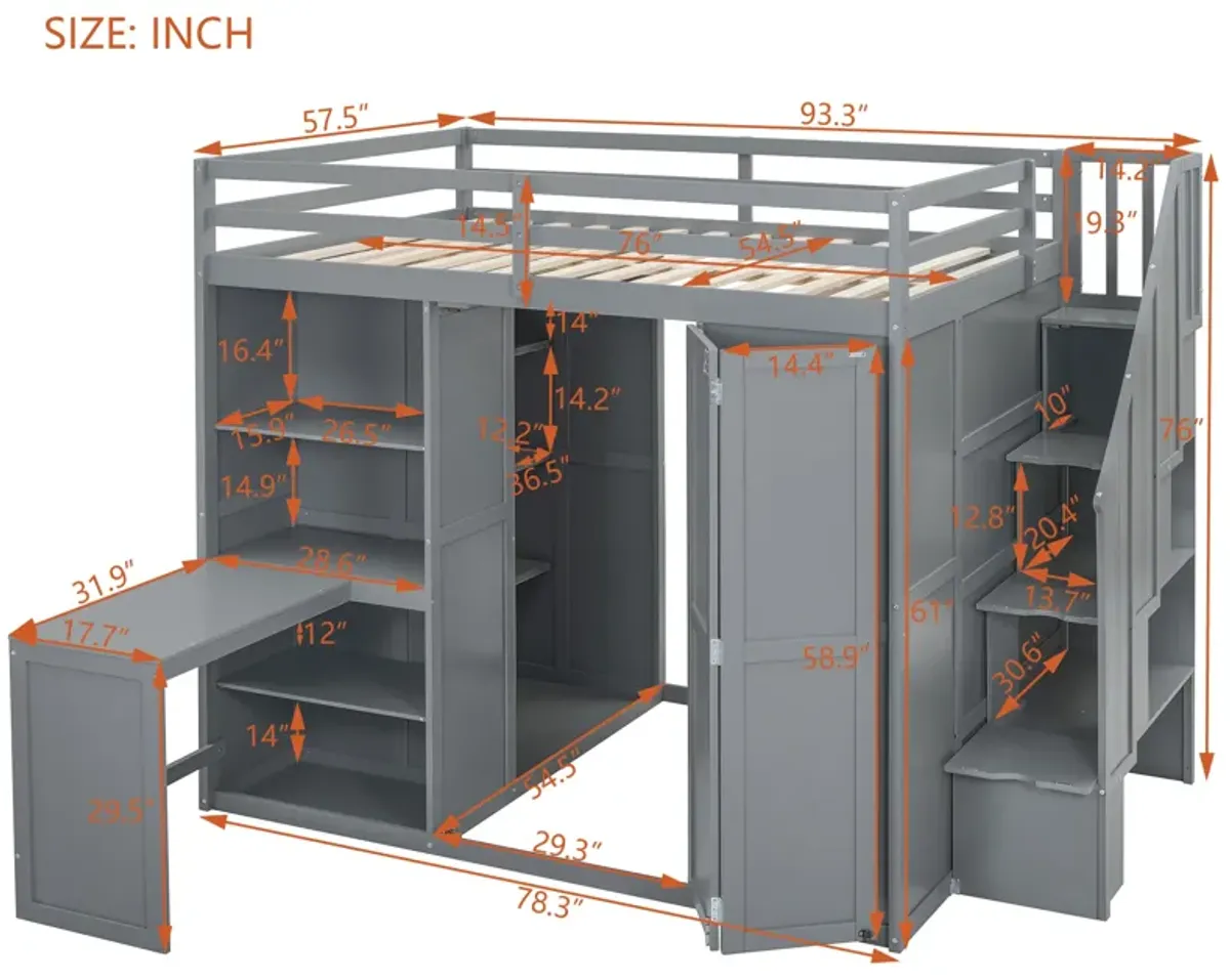 Merax Storage Loft Bed with Wardrobe,Desk and Shelves