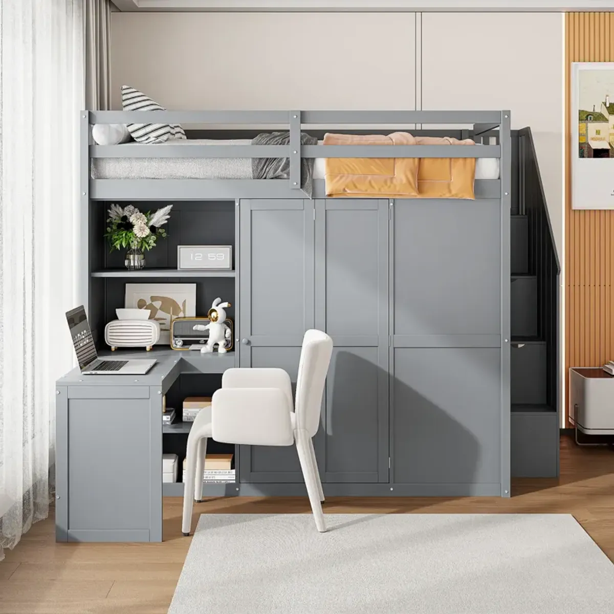 Merax Storage Loft Bed with Wardrobe,Desk and Shelves