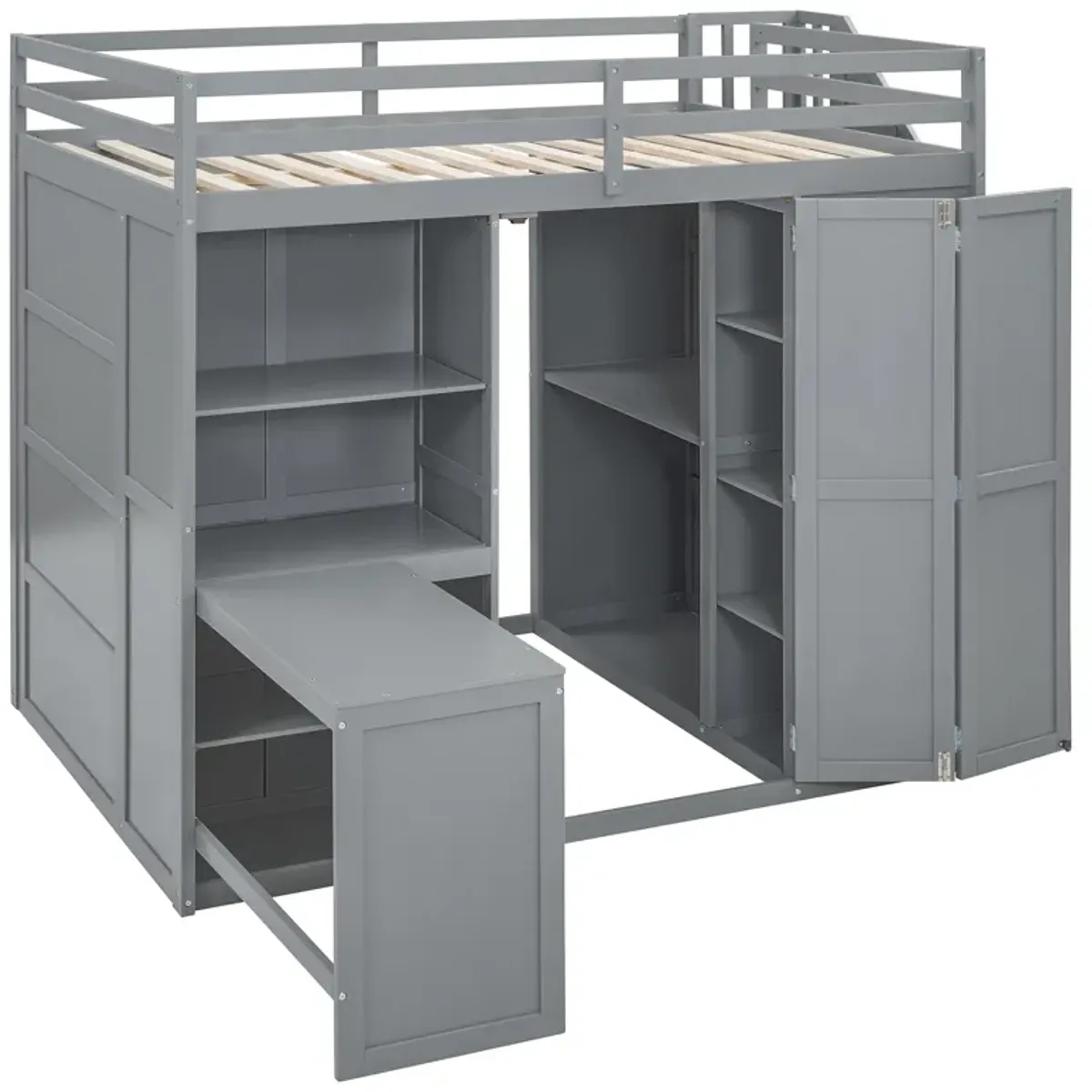 Merax Storage Loft Bed with Wardrobe,Desk and Shelves