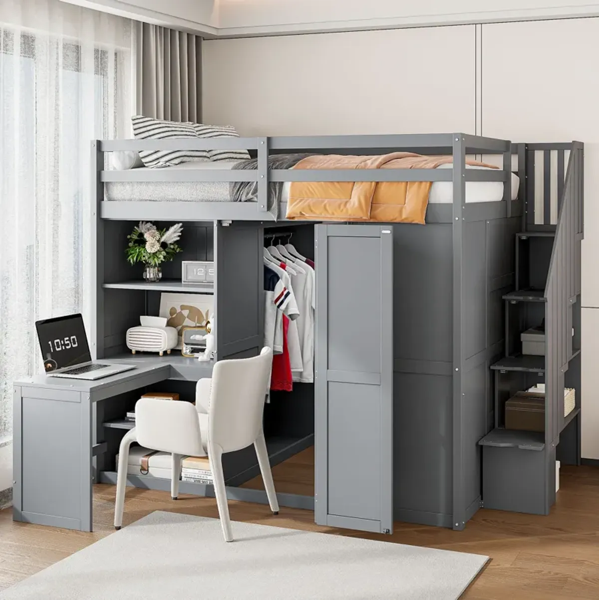 Merax Storage Loft Bed with Wardrobe,Desk and Shelves