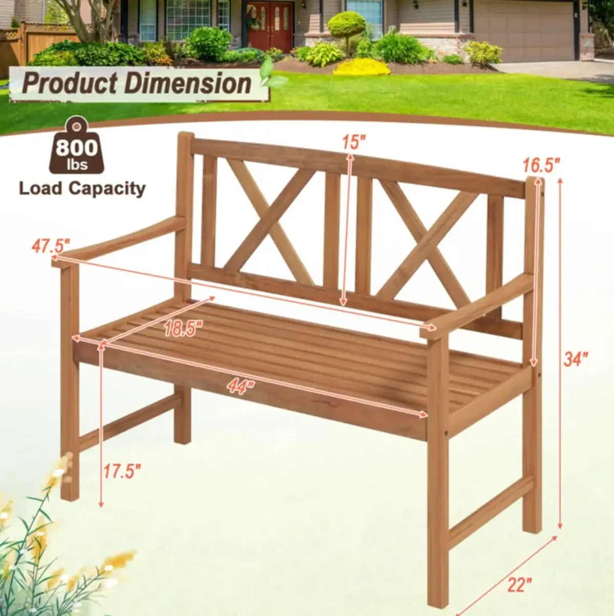 Hivvago 2-Person Wood Outdoor Bench with Cozy Armrest and Backrest