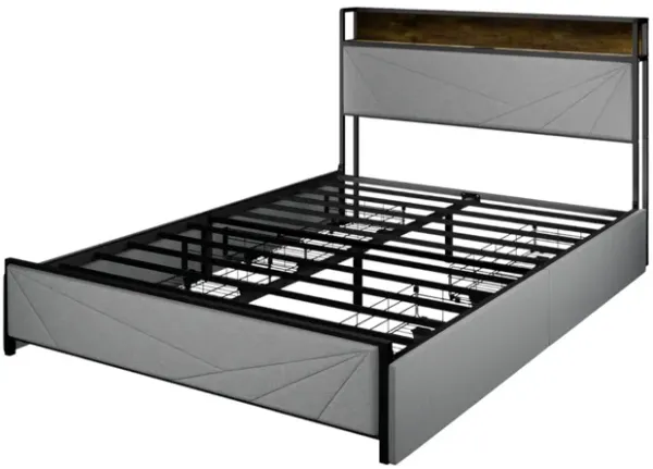 Upholstered Bed Frame with 4 Storage Drawers USB Ports and Charging Headboard