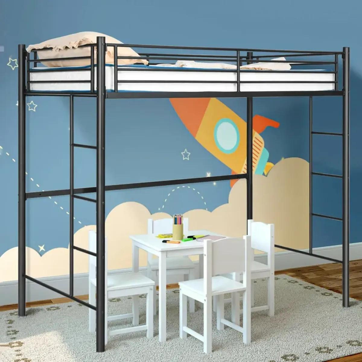 Twin Loft Bed Frame with Dual Ladders and Full-Length Guardrail for Enhanced Safety