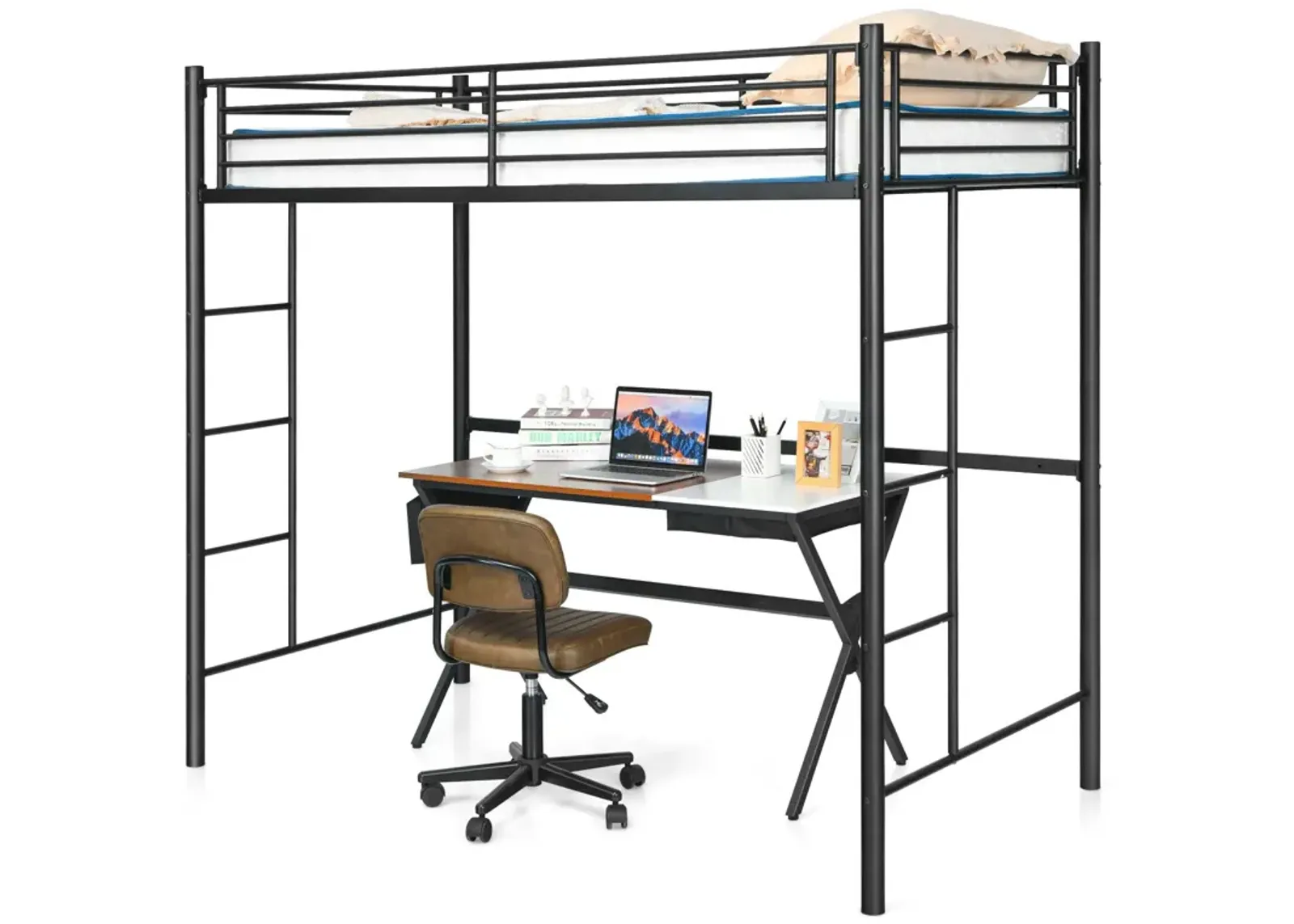 Twin Loft Bed Frame with Dual Ladders and Full-Length Guardrail for Enhanced Safety