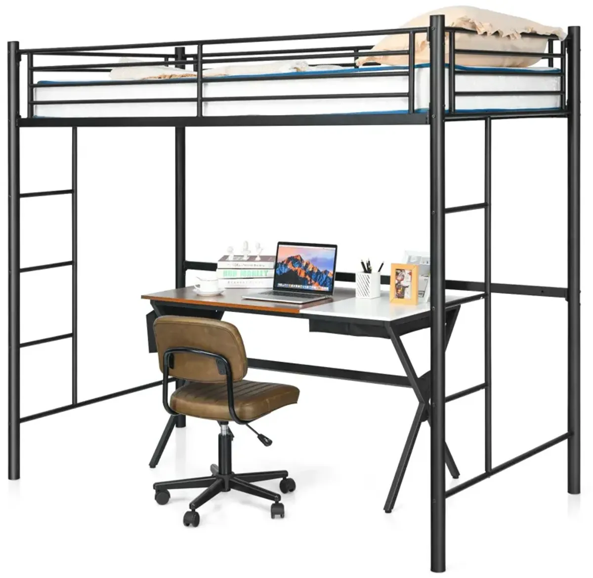 Twin Loft Bed Frame with Dual Ladders and Full-Length Guardrail for Enhanced Safety