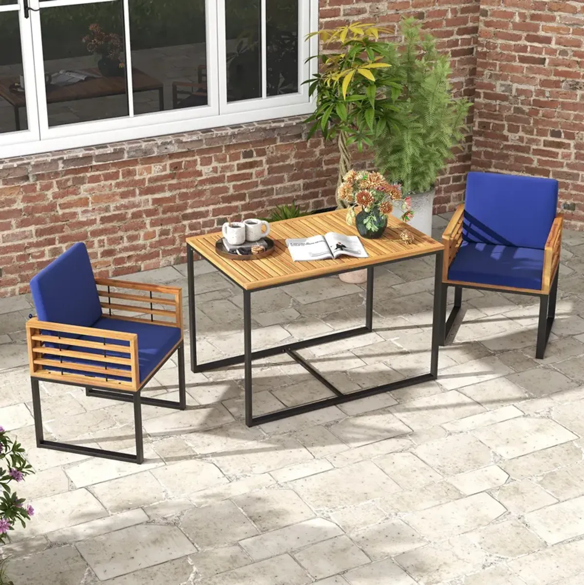 3 Pieces Outdoor Dining Set with 2 Acacia Wood Armchairs and Dining Table-Navy