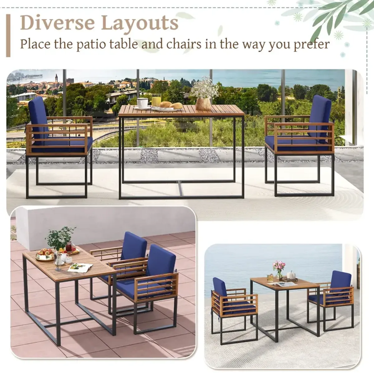 3 Pieces Outdoor Dining Set with 2 Acacia Wood Armchairs and Dining Table-Navy