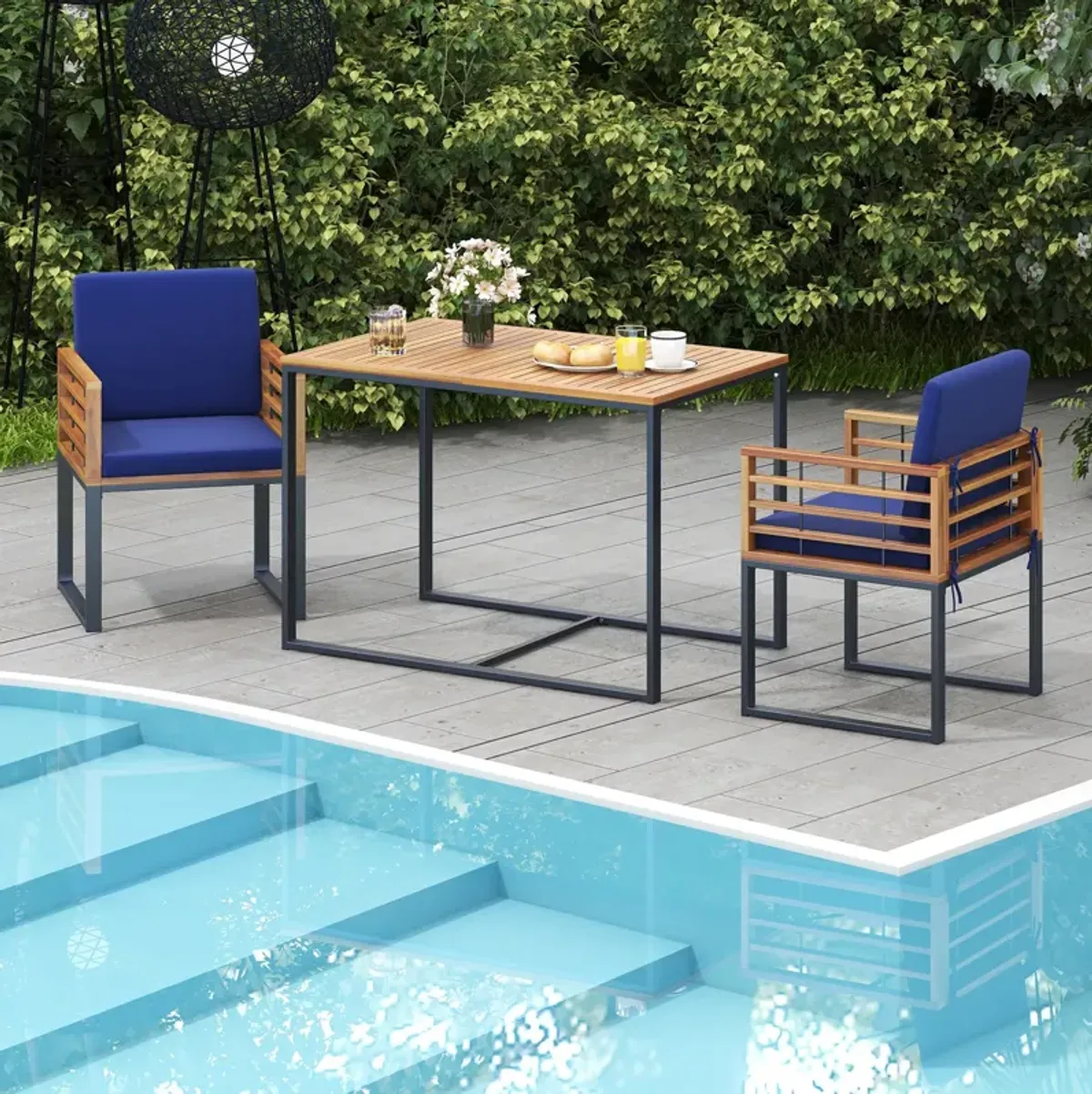 3 Pieces Outdoor Dining Set with 2 Acacia Wood Armchairs and Dining Table-Navy