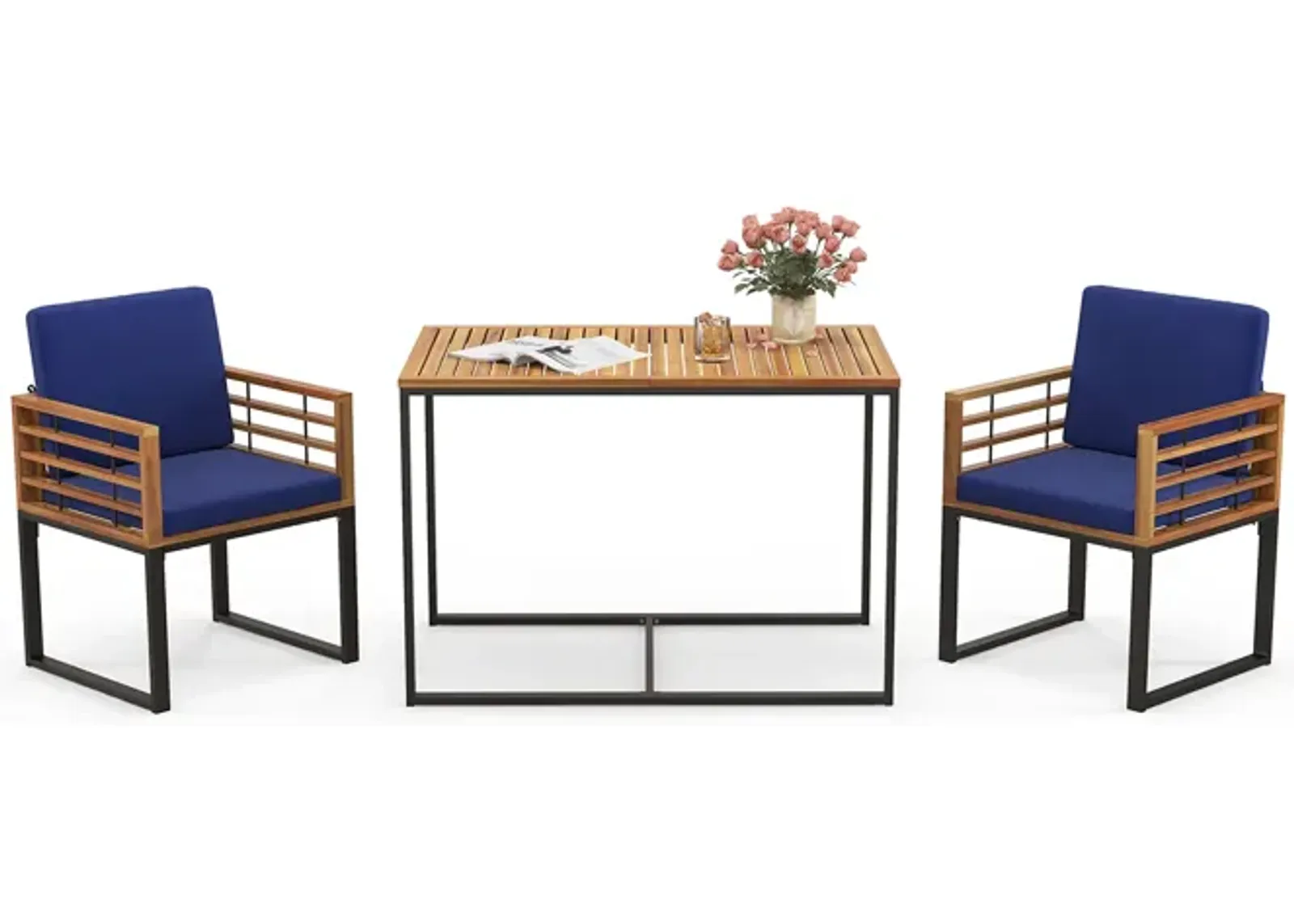 3 Pieces Outdoor Dining Set with 2 Acacia Wood Armchairs and Dining Table-Navy