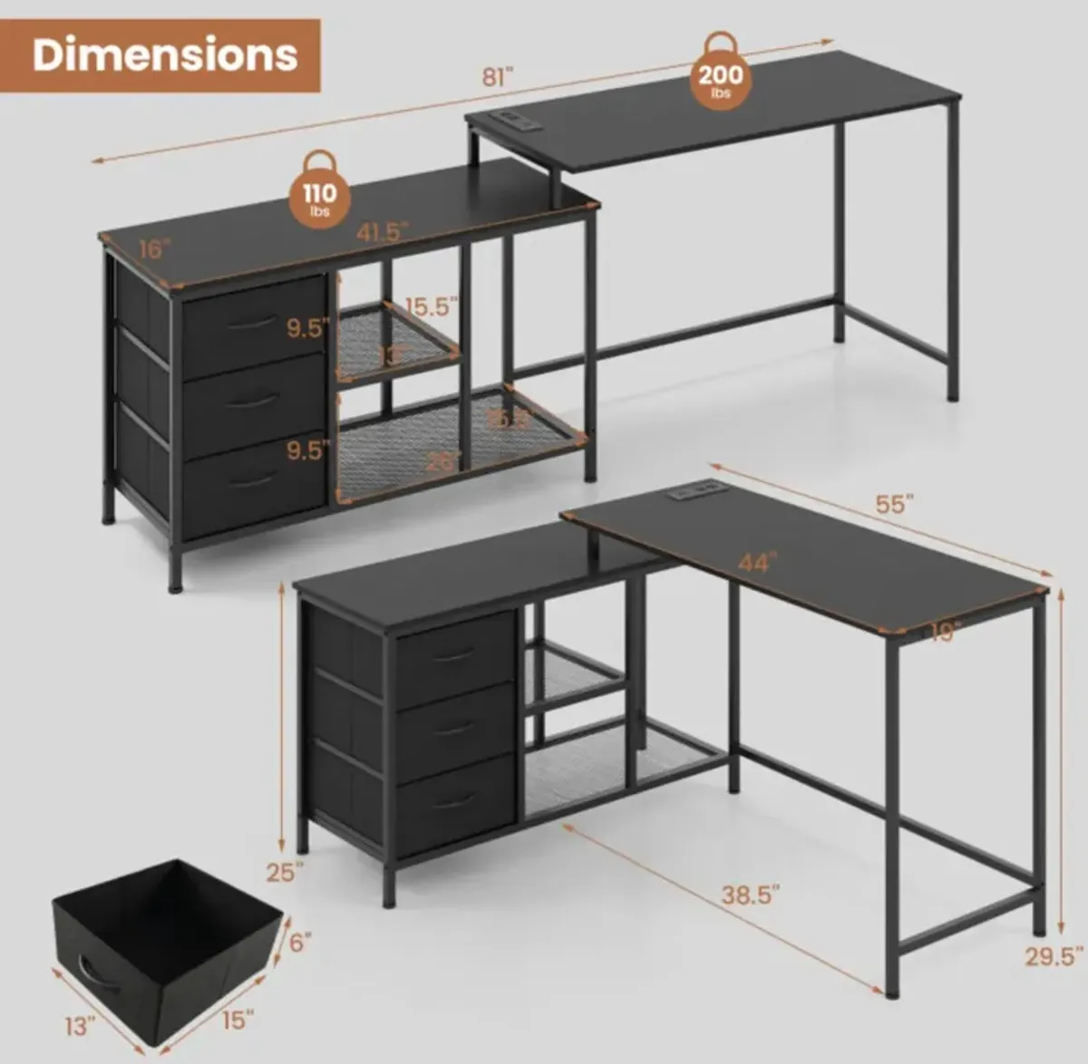 Hivvago L-shaped Computer Desk with Power Outlet for Working Studying Gaming