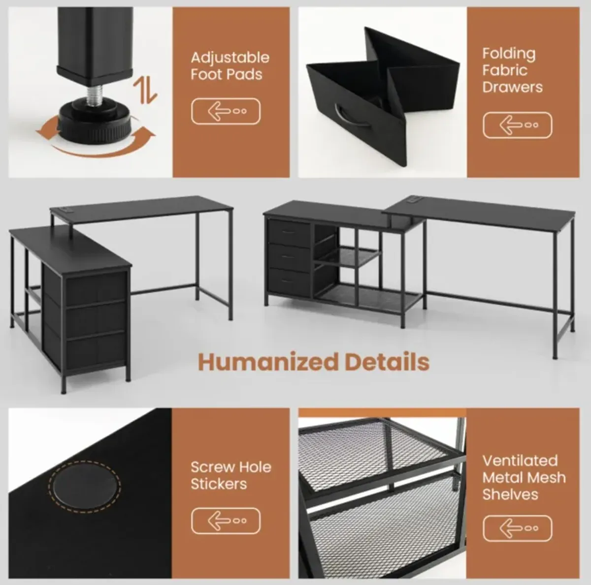 Hivvago L-shaped Computer Desk with Power Outlet for Working Studying Gaming