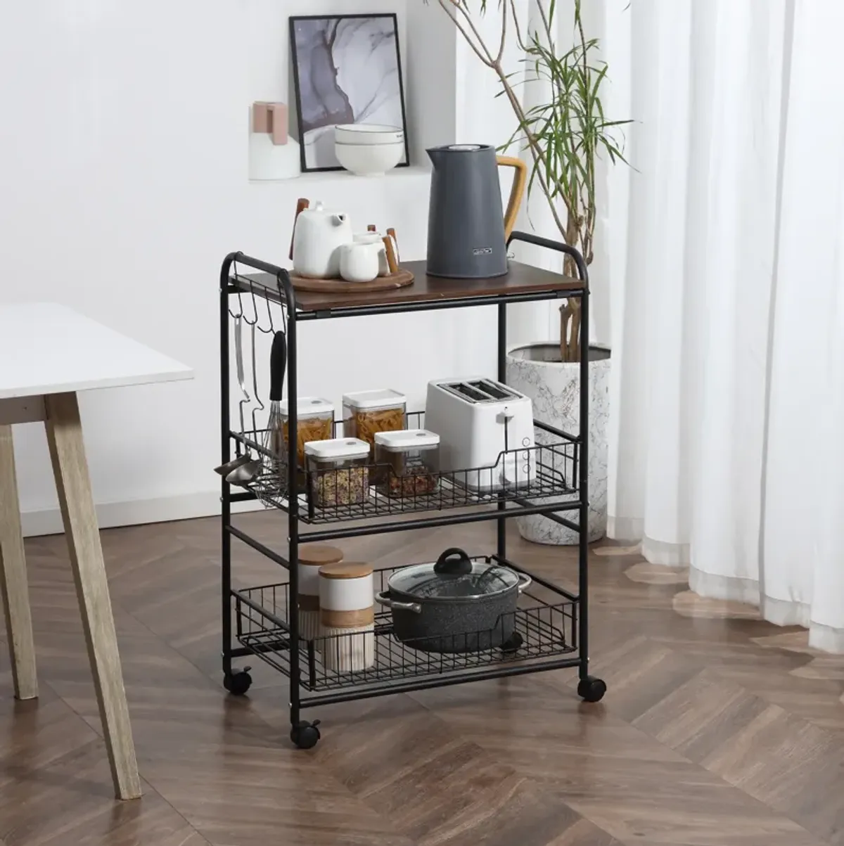 24" 3-Tier Utility Kitchen Cart Rolling Serving Trolley w/ 2 Storage Shelves