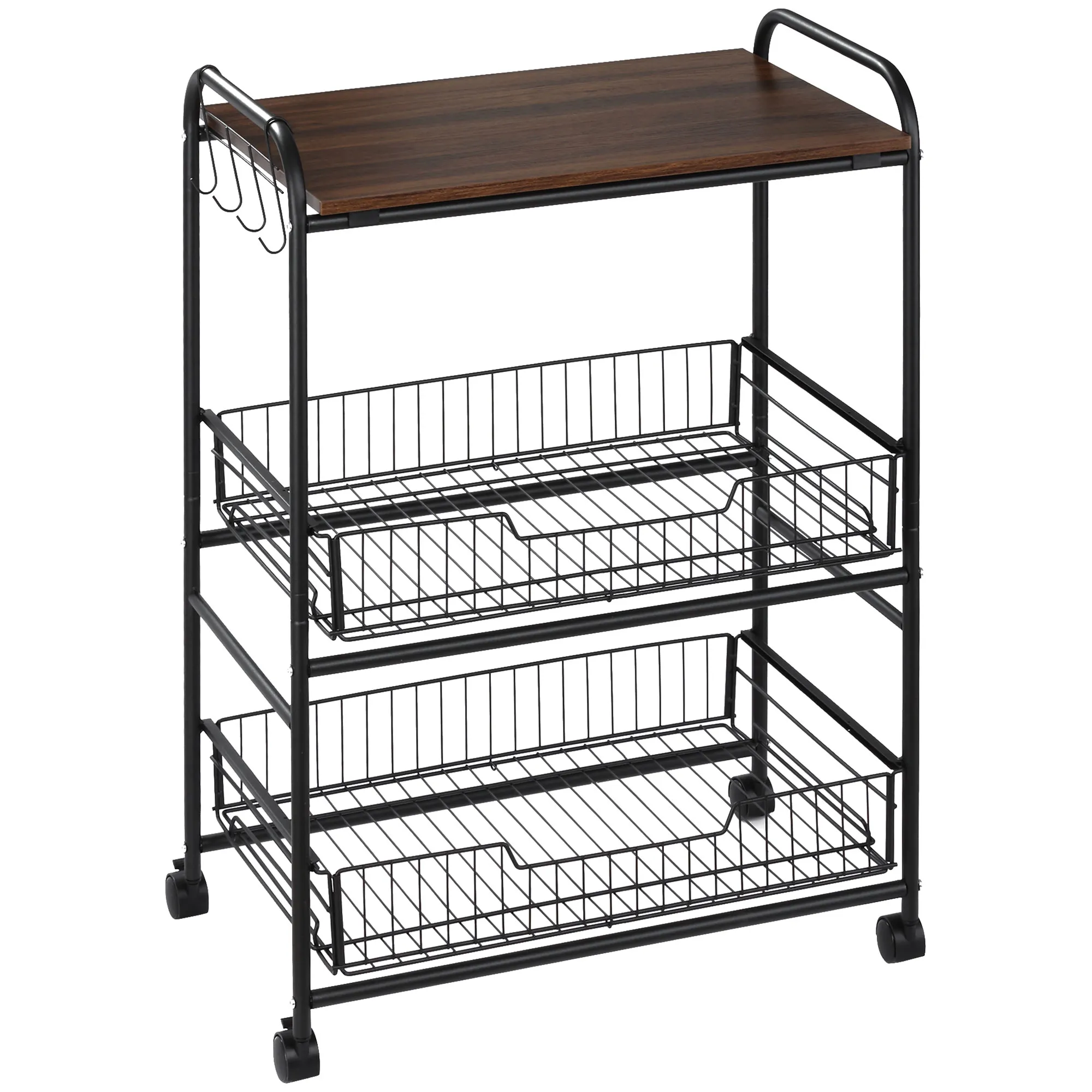 24" 3-Tier Utility Kitchen Cart Rolling Serving Trolley w/ 2 Storage Shelves