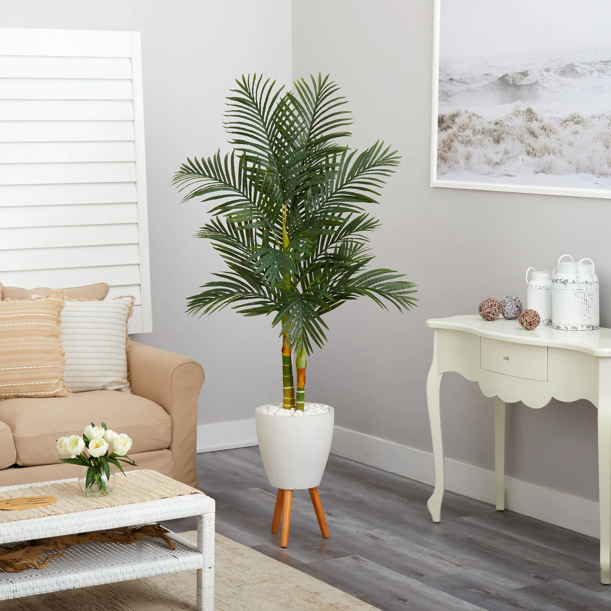 HomPlanti 70 Inches Golden Cane Artificial Palm Tree in White Planter with Stand