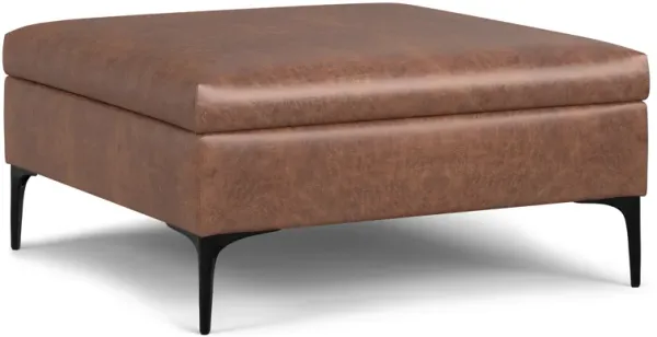Rebecca 36 inch Wide Contemporary Square Mid Century Coffee Table Storage Ottoman with Lift Up Lid in Distressed Saddle Brown Vegan Faux Leather, Assembled