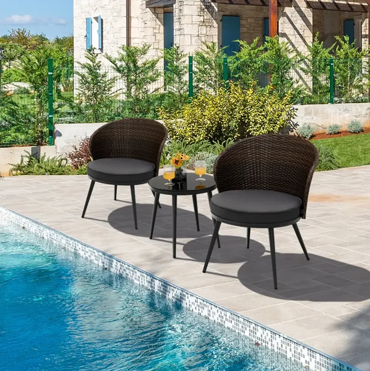 3 Pieces Patio Rattan Bistro Set with 2 Seat Cushions and Tempered Glass Tabletop-Brown