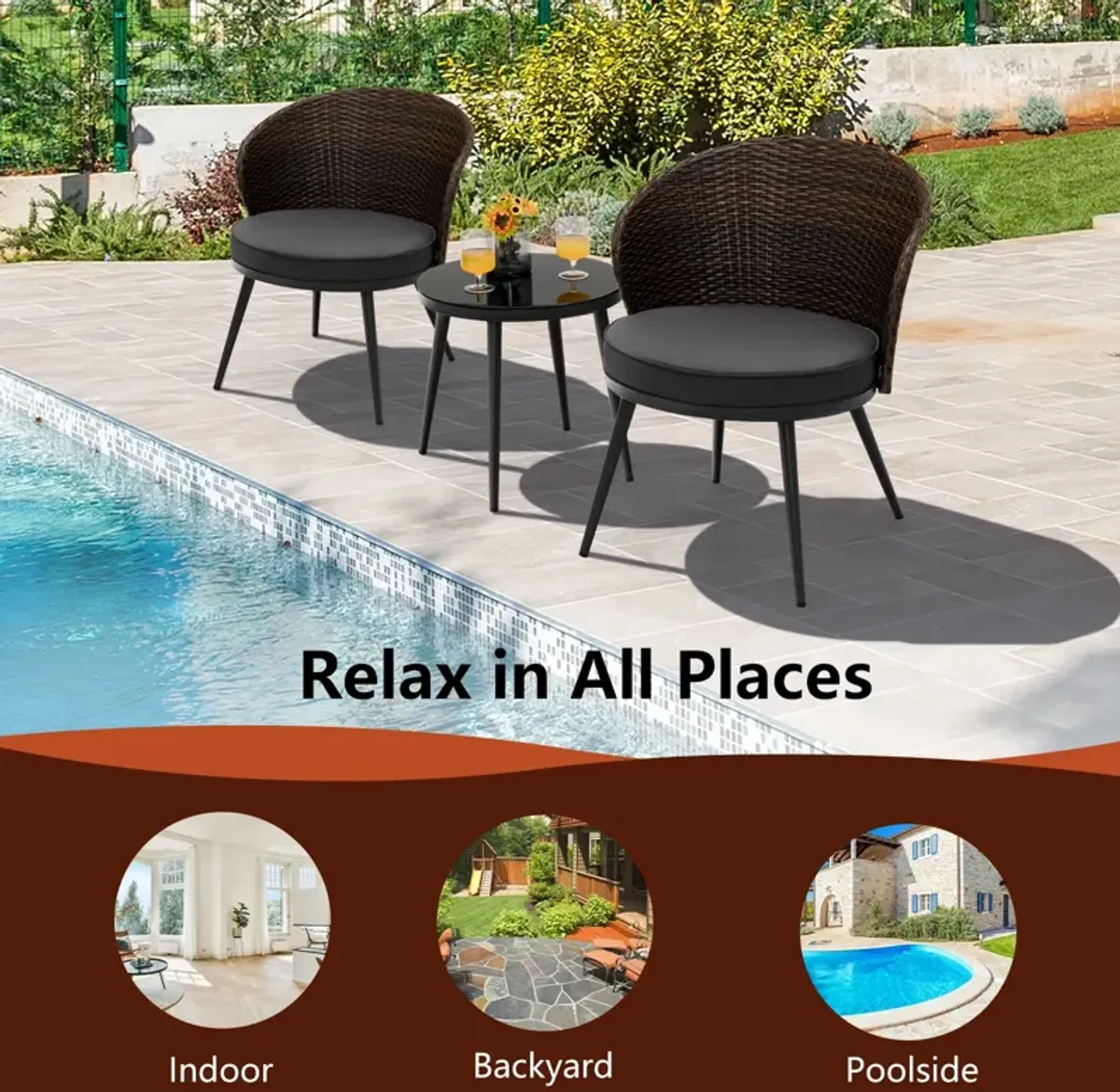 3 Pieces Patio Rattan Bistro Set with 2 Seat Cushions and Tempered Glass Tabletop-Brown