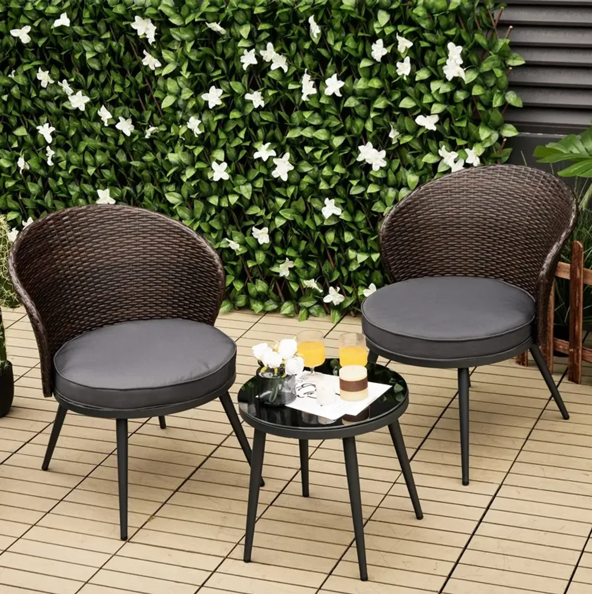 3 Pieces Patio Rattan Bistro Set with 2 Seat Cushions and Tempered Glass Tabletop-Brown