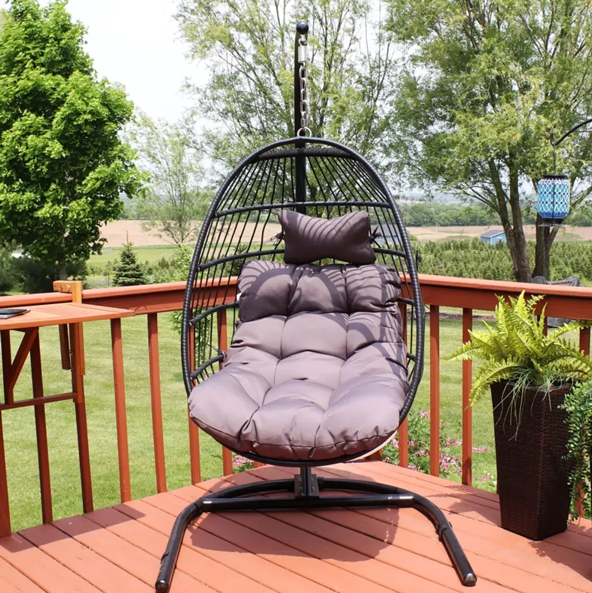 Sunnydaze Resin Wicker Hanging Egg Chair with Steel Stand/Cushions