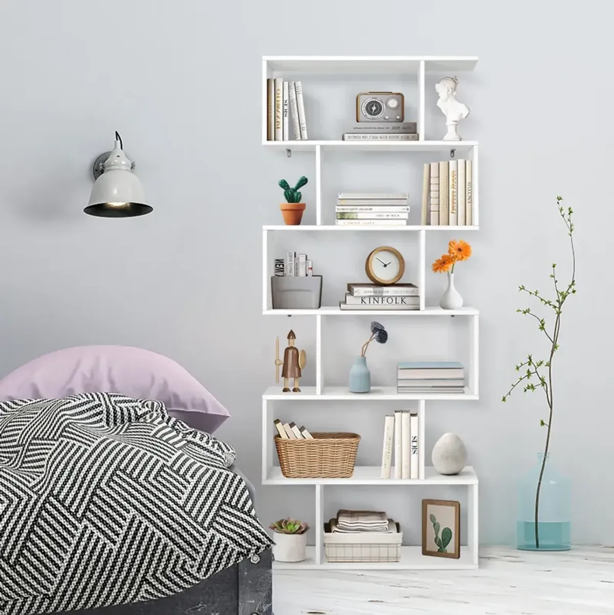 6 Tier S-Shaped Bookshelf Storage Display Bookcase Decor Z-Shelf