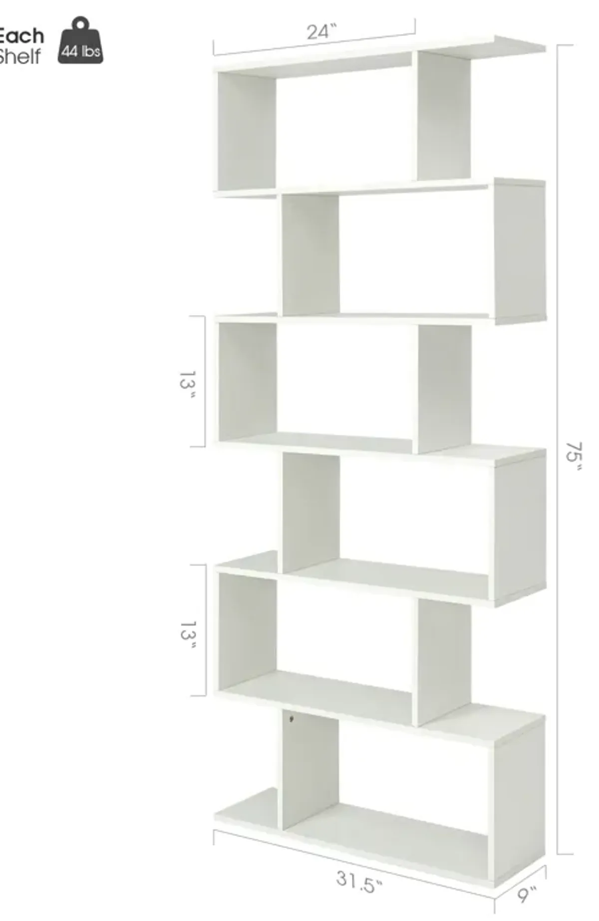 6 Tier S-Shaped Bookshelf Storage Display Bookcase Decor Z-Shelf