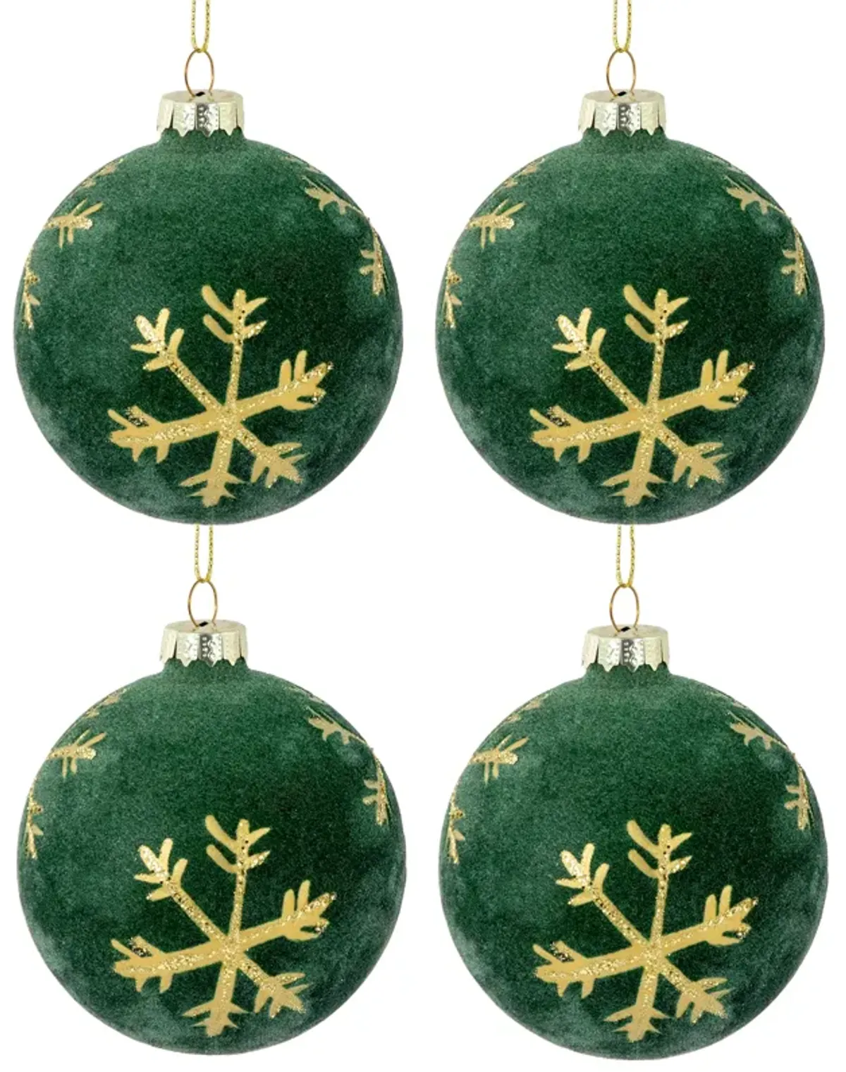 4ct Green Velvet Glass Christmas Ball Ornaments with Gold Snowflakes 3" (80mm)