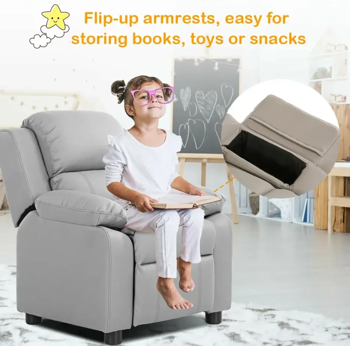 Kids Deluxe Headrest  Recliner Sofa Chair with Storage Arms