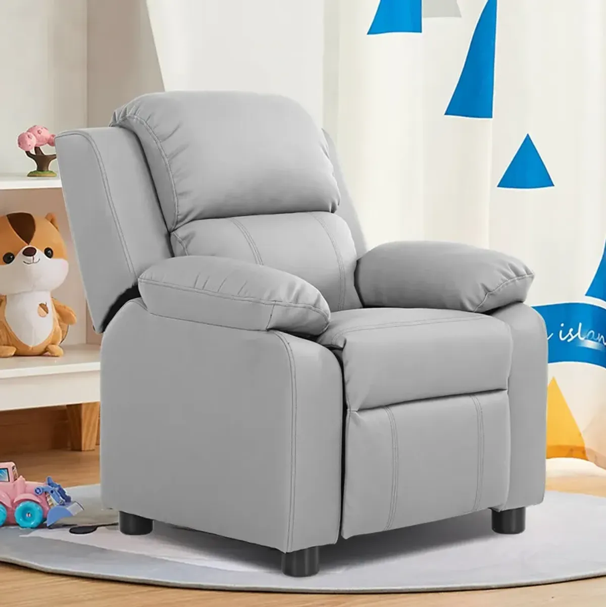 Kids Deluxe Headrest  Recliner Sofa Chair with Storage Arms